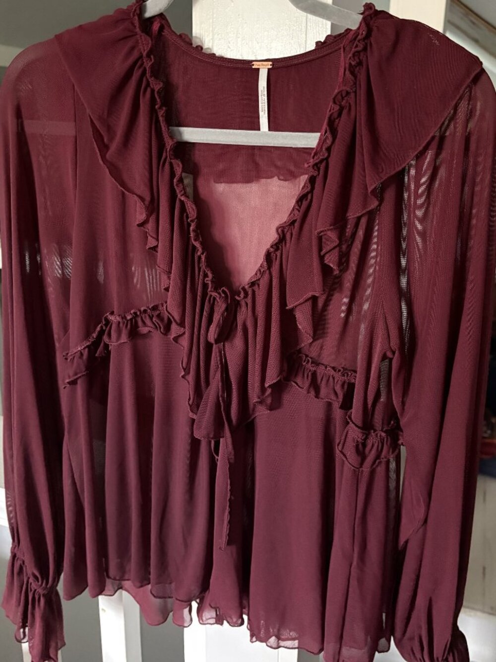 Free People Burgundy Sheer Ruffle Boho Blouse Size S